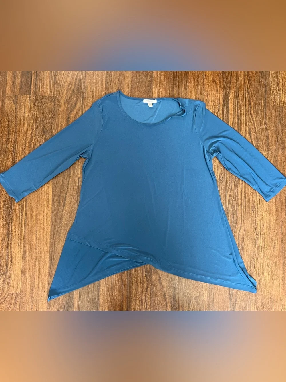 Roz & Ali Blue Tunic 3/4 Sleeve Asymmetrical Shark Bite Hem Women’s Blouse Sz XL